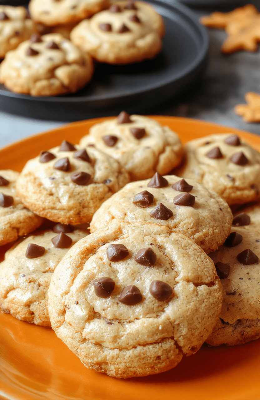 Colorful spider-shaped peanut butter cookies with chocolate eyes arranged on a vibrant orange plate, playful Halloween-themed sprinkles, soft and chewy texture, styled with a dark background for contrast.