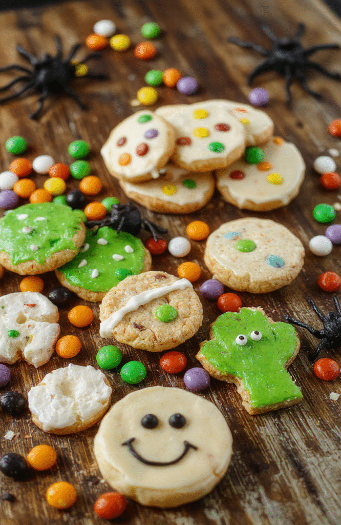 A vibrant display of Halloween treats featuring colorful candies, spooky themed cookies, and creepy decorations on a rustic wooden table with orange and black accents, styled with spooky props and soft natural lighting.