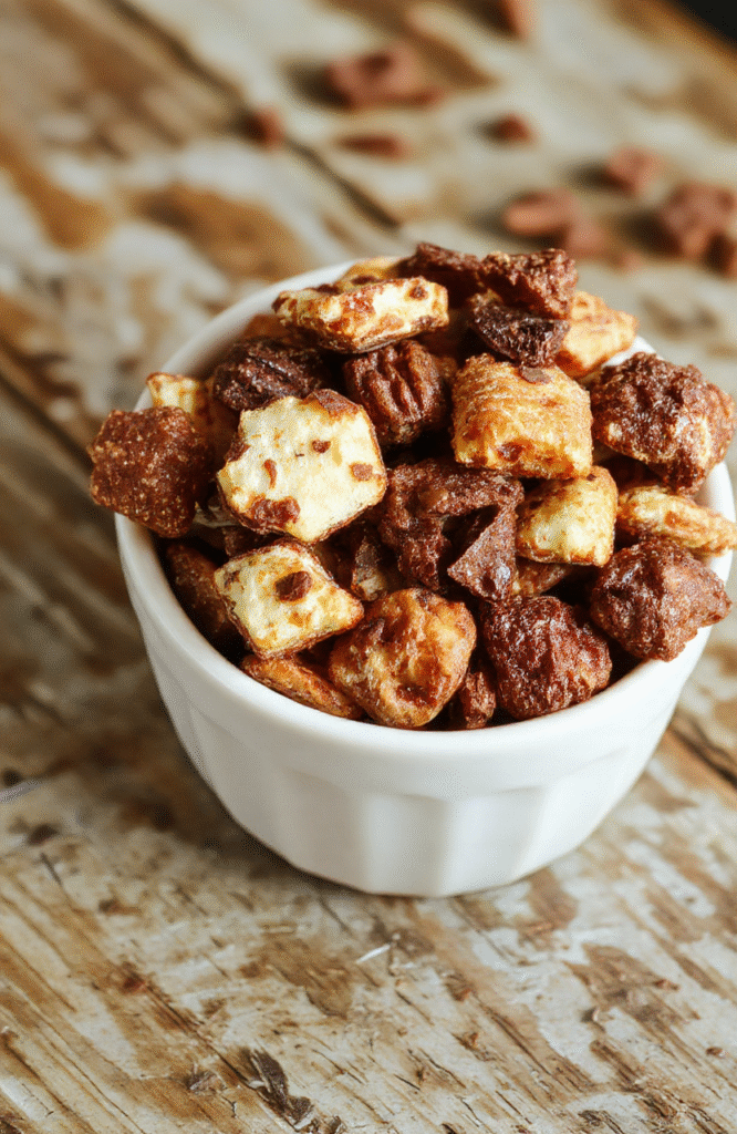 A vibrant Halloween-themed trail mix in a clear bowl, featuring red candied fruits resembling vampire bites, dark chocolate chunks, colorful candy eyes, and crunchy nuts, styled on a rustic wooden surface with a spooky orange and black background, textured with some spilled ingredients for an inviting, festive vibe.