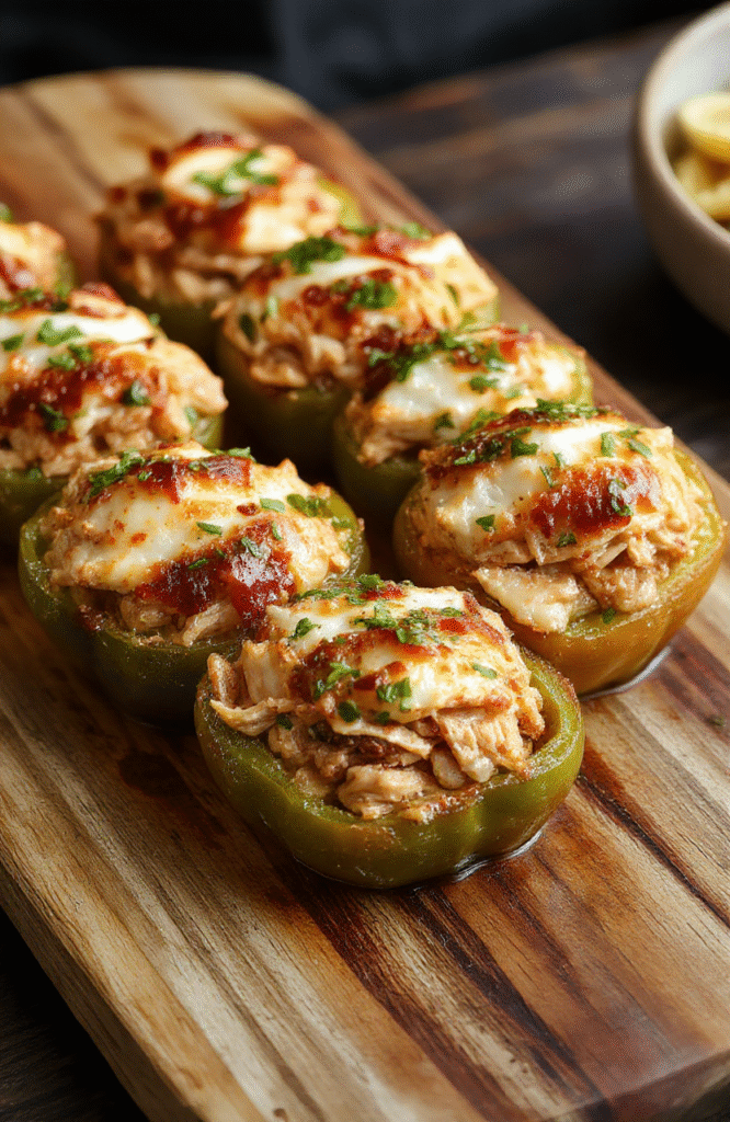 Colorful bell peppers filled with shredded chicken, rice, and melted cheese arranged on a rustic wooden platter, topped with chopped herbs, vibrant orange and green peppers contrasting with creamy filling, styled simply with natural lighting and soft shadows.