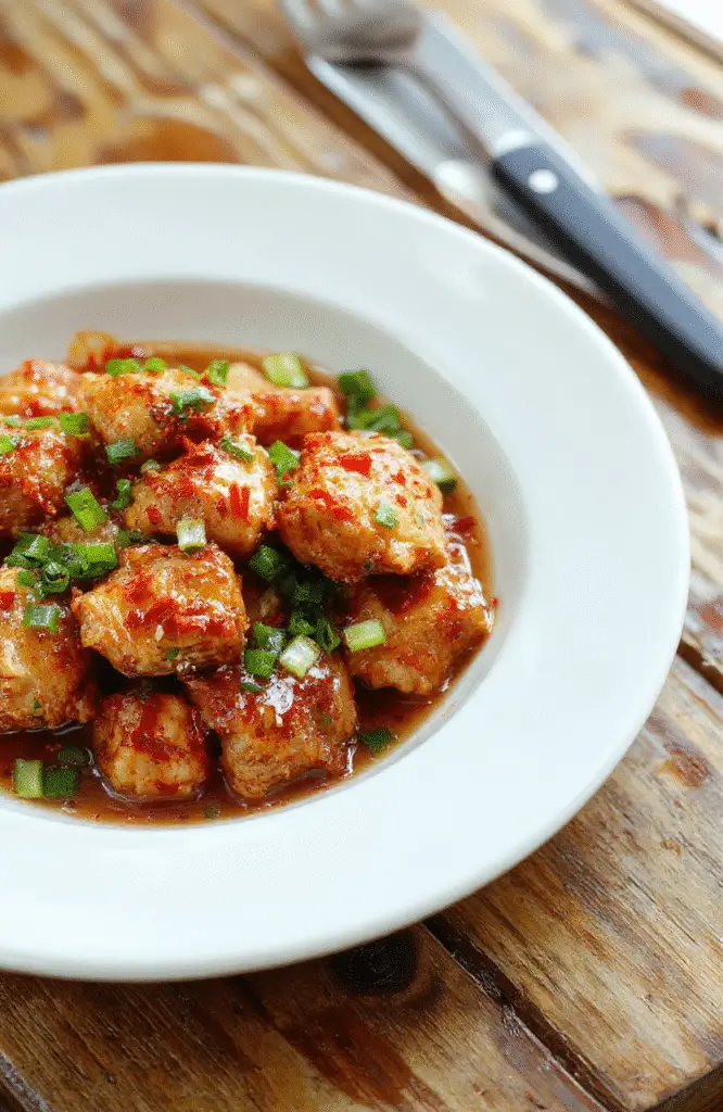 A vibrant plate of sweet chili chicken featuring crispy glazed chicken bites coated in glossy, spicy-sweet sauce, garnished with finely chopped green onions, served on a modern white plate with a colorful backdrop, showcasing a glossy, caramelized glaze with textures of crispiness and tender meat.