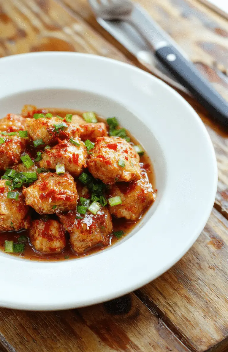 A vibrant plate of sweet chili chicken featuring crispy glazed chicken bites coated in glossy, spicy-sweet sauce, garnished with finely chopped green onions, served on a modern white plate with a colorful backdrop, showcasing a glossy, caramelized glaze with textures of crispiness and tender meat.