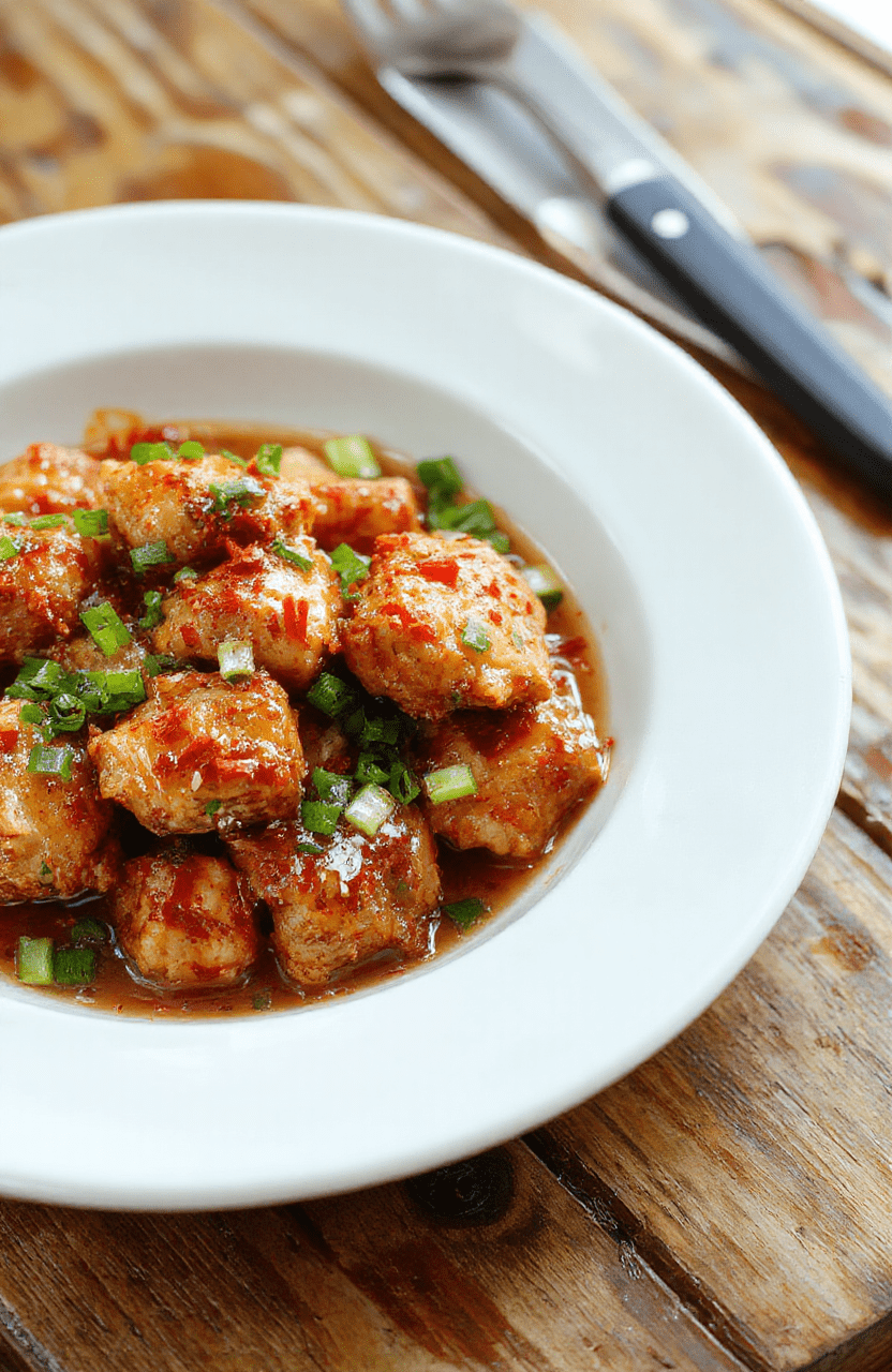 A vibrant plate of sweet chili chicken featuring crispy glazed chicken bites coated in glossy, spicy-sweet sauce, garnished with finely chopped green onions, served on a modern white plate with a colorful backdrop, showcasing a glossy, caramelized glaze with textures of crispiness and tender meat.
