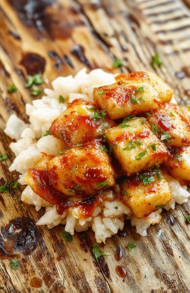 A colorful plate featuring tender pineapple chunks, sliced grilled chicken, fluffy rice, and vibrant vegetables garnished with fresh herbs, styled on a rustic wooden surface with natural daylight highlighting the glossy pineapple and crispy chicken textures.