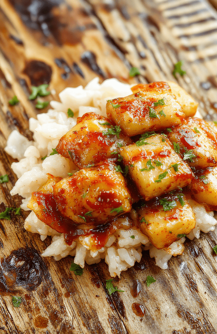 A colorful plate featuring tender pineapple chunks, sliced grilled chicken, fluffy rice, and vibrant vegetables garnished with fresh herbs, styled on a rustic wooden surface with natural daylight highlighting the glossy pineapple and crispy chicken textures.