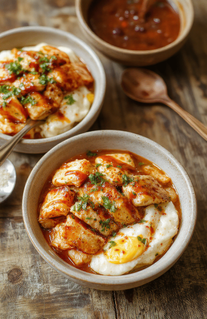 A vibrant bowl filled with grilled honey glazed chicken strips, plump jasmine rice, colorful diced peppers, and a drizzle of honey chipotle sauce, styled with fresh herbs and a smoky glaze for an appetizing, colorful presentation.