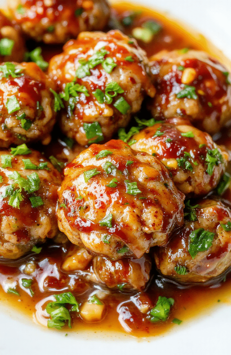 Colorful Asian turkey meatballs glazed with sweet and spicy sauce, arranged on a white plate with garnished green herbs, textures are tender meatballs with a glossy sauce, styled simply with minimal props and natural lighting.