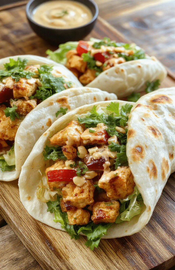 Colorful Thai peanut chicken wraps on a rustic wooden platter, garnished with chopped peanuts, fresh cilantro, and sliced red bell peppers, showcasing crispy lettuce, creamy peanut sauce, and tender grilled chicken in warm flour tortillas.