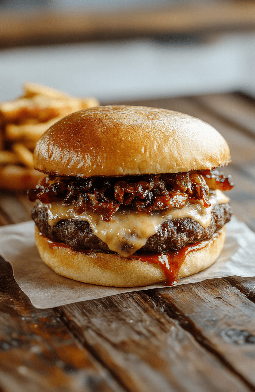 A flavorful crack burger with melted cheese, crispy bacon, fresh lettuce, and tomato stacked high on a toasted bun, served on a rustic wooden board with vibrant colors and appealing textures.