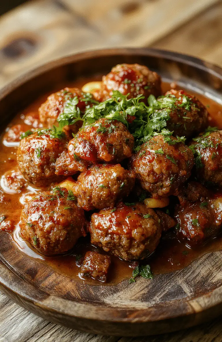 A close-up of juicy Italian meatballs glazed with tomato sauce, nestled on a rustic wooden plate, garnished with fresh basil and grated cheese, with side pasta and herbs, vibrant colors, textured surfaces, styled casually for an inviting presentation.