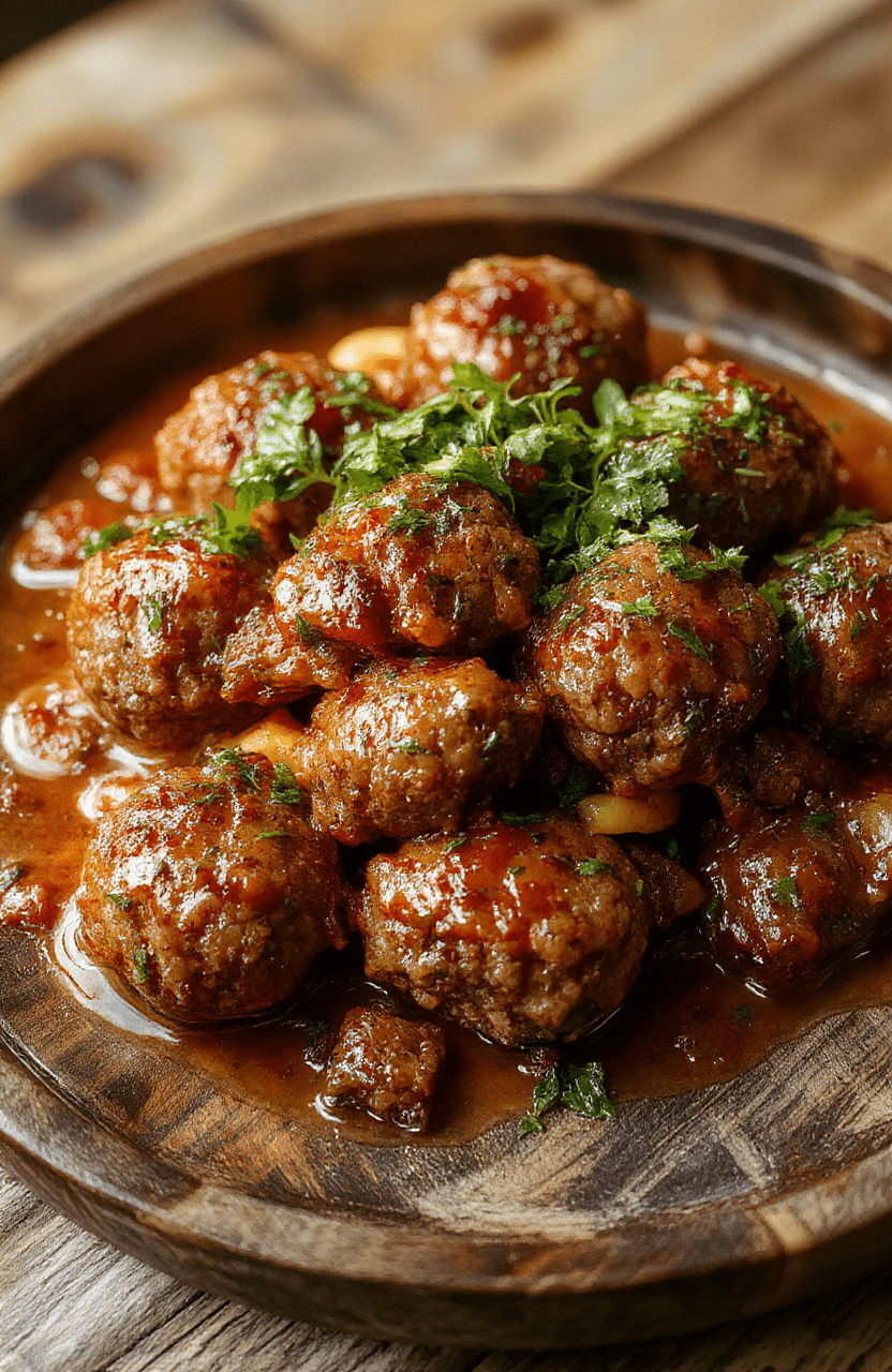 A close-up of juicy Italian meatballs glazed with tomato sauce, nestled on a rustic wooden plate, garnished with fresh basil and grated cheese, with side pasta and herbs, vibrant colors, textured surfaces, styled casually for an inviting presentation.