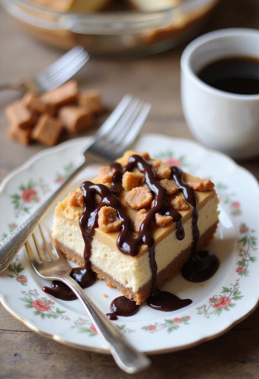 Beautifully plated Toffee Cheesecake Bars with Chocolate Fudge Swirls, featuring a decadent slice on a plate with chocolate sauce and toffee bits, perfect for dessert.