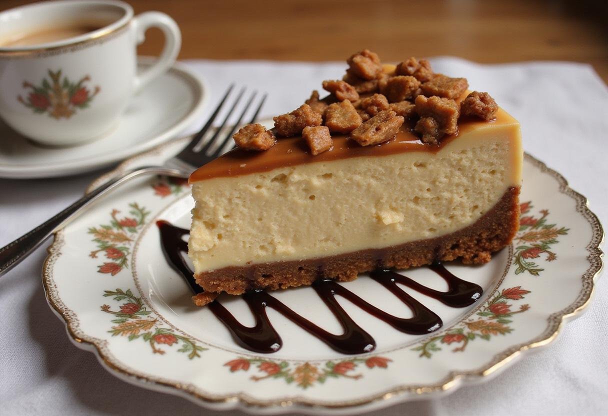 Beautifully plated Toffee Cheesecake Bars with Chocolate Fudge Swirls, featuring a decadent slice on a plate with chocolate sauce and toffee bits, perfect for dessert.