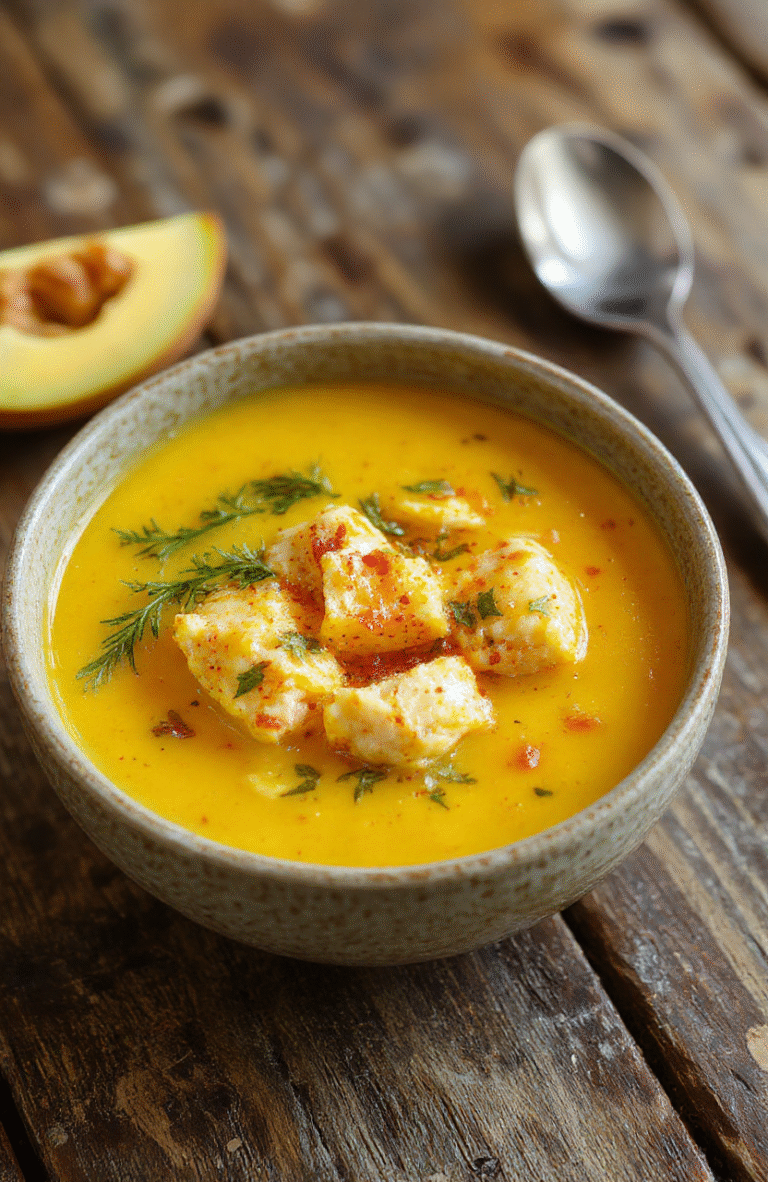 A warm bowl of turmeric chicken soup with colorful vegetables and fresh herbs, topped with a sprinkle of black pepper, served on a rustic wooden table with a spoon and napkin, vibrant colors, inviting and nourishing.