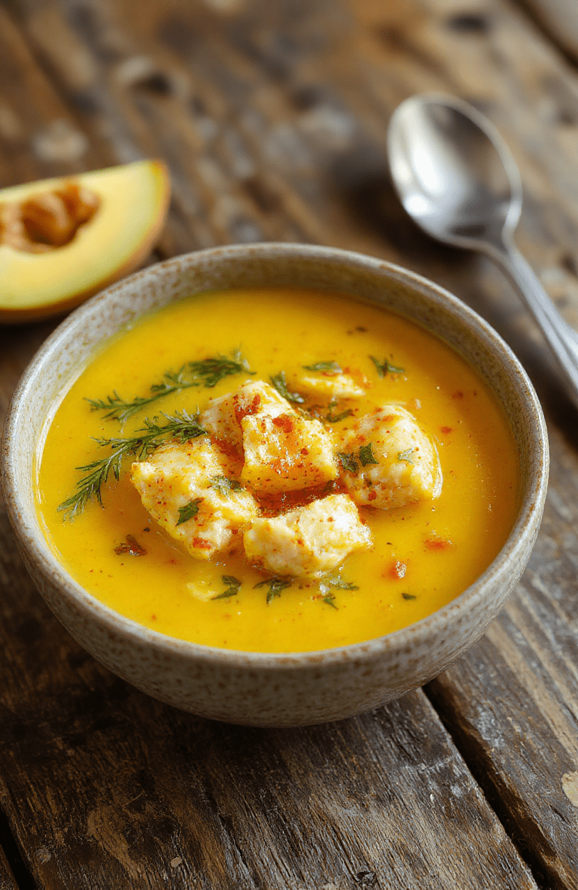A warm bowl of turmeric chicken soup with colorful vegetables and fresh herbs, topped with a sprinkle of black pepper, served on a rustic wooden table with a spoon and napkin, vibrant colors, inviting and nourishing.