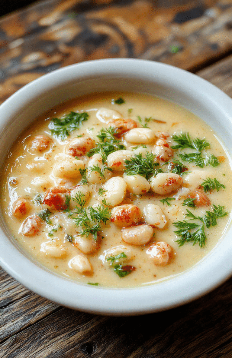 A vibrant bowl of Tuscan white bean soup featuring creamy beans, fresh herbs, and drizzled olive oil, presented on a rustic wooden table with a spoon, garnished with chopped parsley and a slice of crusty bread, highlighting textures of smooth beans and fresh greens, styled in a cozy kitchen ambiance.
