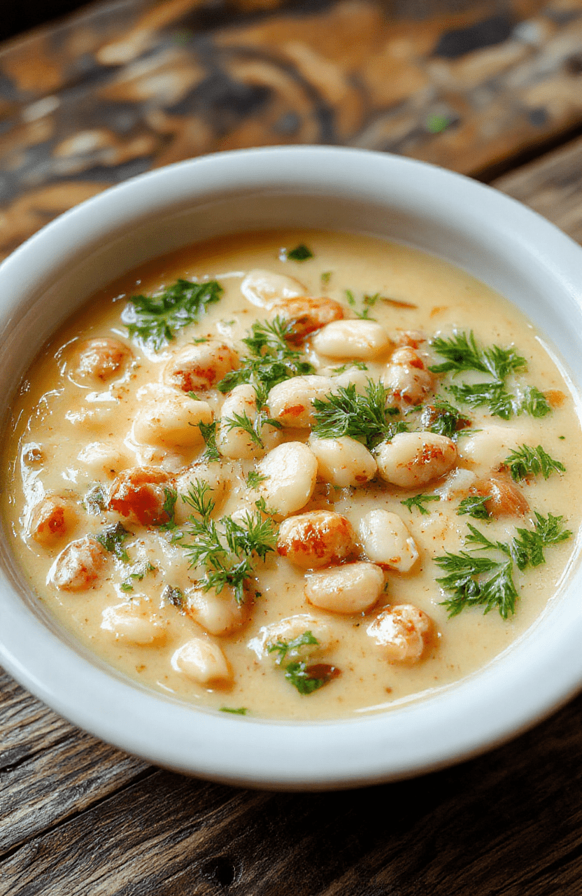 A vibrant bowl of Tuscan white bean soup featuring creamy beans, fresh herbs, and drizzled olive oil, presented on a rustic wooden table with a spoon, garnished with chopped parsley and a slice of crusty bread, highlighting textures of smooth beans and fresh greens, styled in a cozy kitchen ambiance.