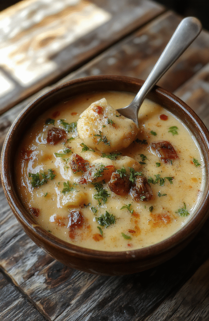 A vibrant bowl of cheeseburger soup featuring melted cheddar, crispy bacon, fresh greens, and diced tomatoes, topped with a dollop of sour cream and served on a rustic wooden table.
