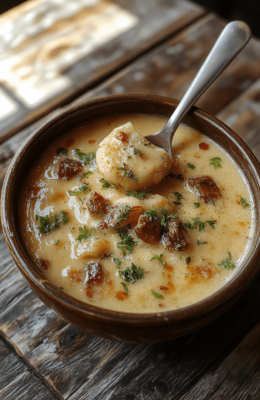 A vibrant bowl of cheeseburger soup featuring melted cheddar, crispy bacon, fresh greens, and diced tomatoes, topped with a dollop of sour cream and served on a rustic wooden table.