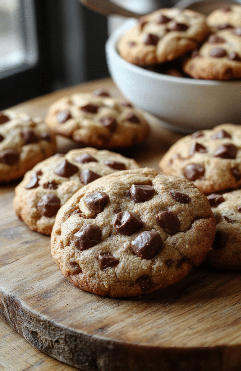 A batch of golden-brown, chewy chocolate chip cookies arranged on a rustic wooden surface, with melty chocolate chunks visible, accompanied by a glass of milk and a few scattered chocolate chips, styled casually with a soft, natural light highlighting the textures.