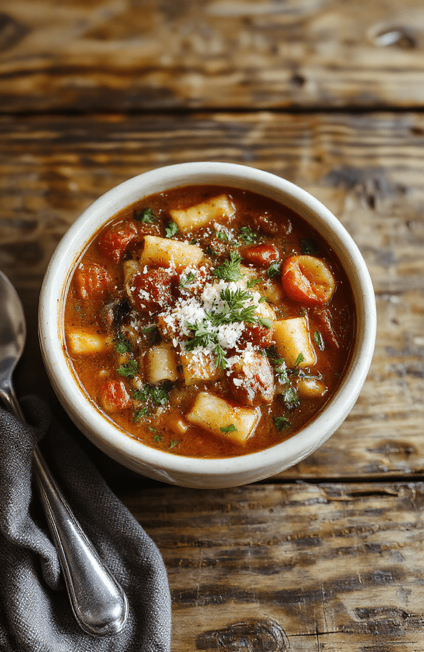 A steaming bowl of Pasta Fagioli soup with a rich broth, colorful vegetables, tender pasta, and crispy bread on a rustic wooden table, styled casually with fresh herbs and grated cheese, capturing warm, inviting comfort food.