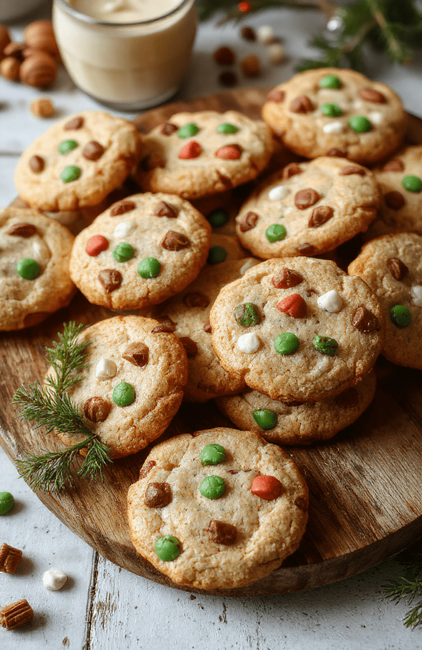 A colorful assortment of holiday cookies arranged on a rustic wooden platter, featuring gingerbread men, sugar cookies with icing, and chocolate peppermint bites, all sprinkled with powdered sugar and decorated with festive sprinkles, styled with holiday ornaments in the background.