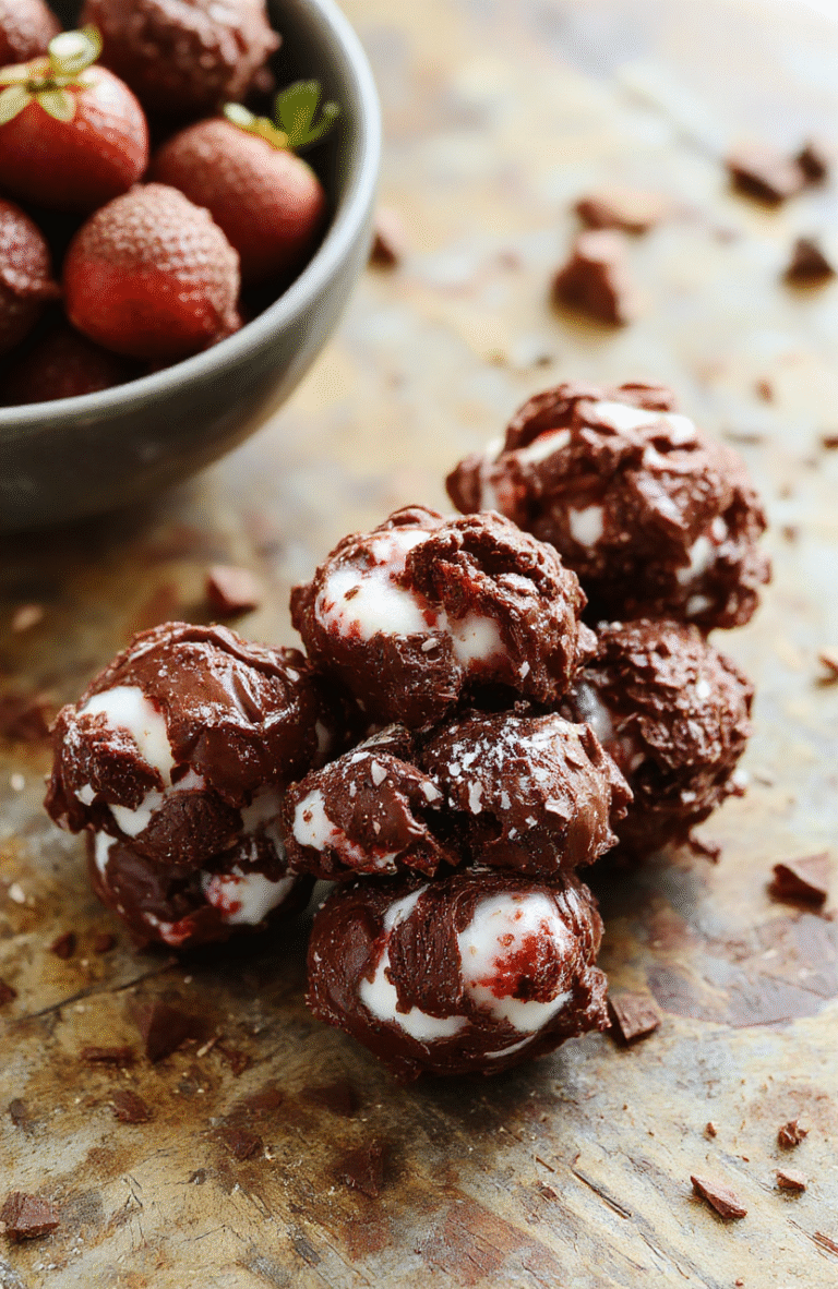 A close-up of vibrant chocolate and strawberry yogurt clusters set on a rustic wooden surface, showcasing glossy surfaces, mixed with bits of fresh strawberries and chocolate. The clusters are slightly irregular in shape, with a textured, frozen appearance. Soft natural light highlights the shiny coating and the colorful fruit pieces, creating an inviting and appetizing visual.