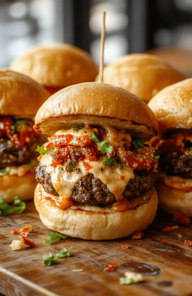 A close-up of golden-brown cheeseburger sliders stacked on a rustic wooden platter. The sliders feature glossy, toasted mini buns with melted cheddar cheese, juicy beef patties, crisp pickles, and fresh lettuce. The scene is styled casually with a few condiments and a hint of fresh herbs, capturing textures of gooey cheese and tender meat, all inviting and colorful.