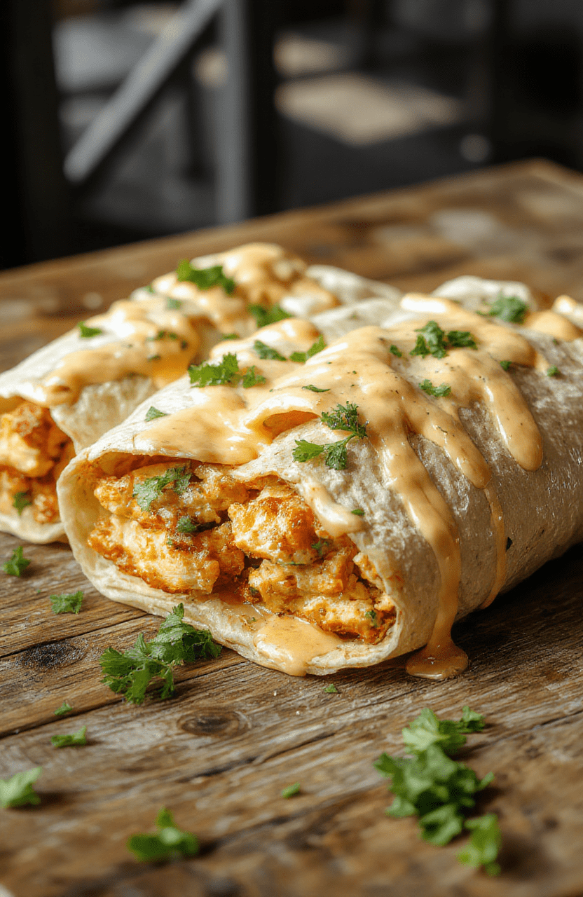 A vibrant plate of cheesy chicken wraps crisped to golden perfection, filled with succulent chicken pieces, melted cheese, colorful vegetables, and fresh herbs, styled on a rustic wooden surface with a slight drizzle of sauce, emphasizing textures and inviting flavors.