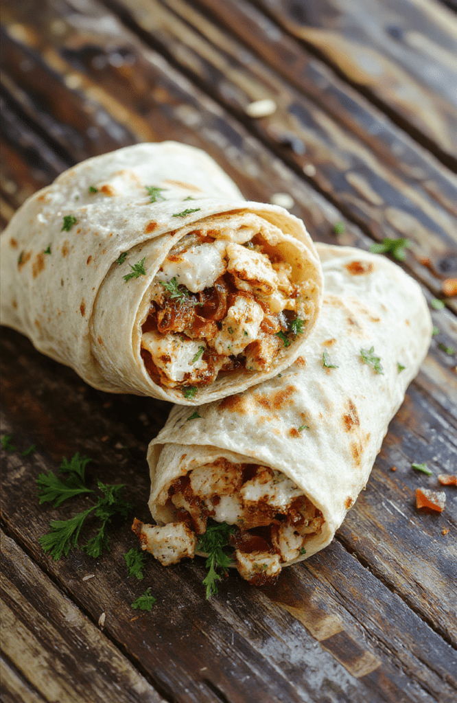 A vibrant close-up of a chicken bacon ranch wrap on a rustic wooden surface. The wrap is sliced in half, revealing juicy grilled chicken, crispy bacon, fresh lettuce, ripe tomatoes, and creamy ranch dressing all wrapped in a golden tortilla. The textures look crispy and tender with bright colors and a fresh, appetizing presentation, styled casually for an inviting meal.