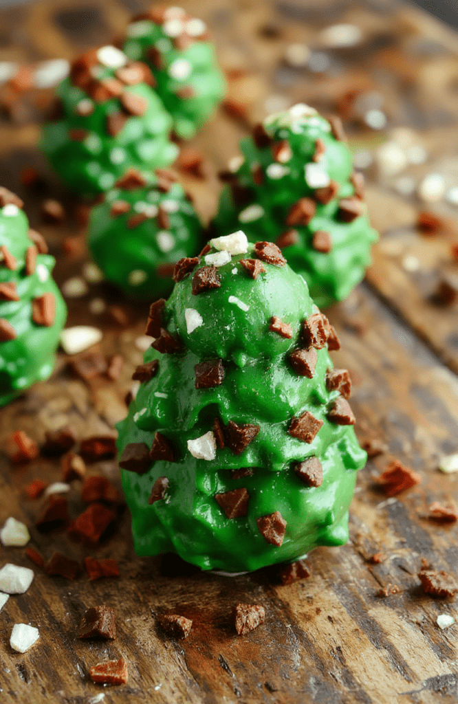 Colorful Christmas tree-shaped cake truffles arranged on a festive red plate, decorated with green coconut flakes to resemble tree foliage, dusted with edible glitter, surrounded by holiday-themed decorations, with a blurred Christmas background and soft lighting highlighting their textures.