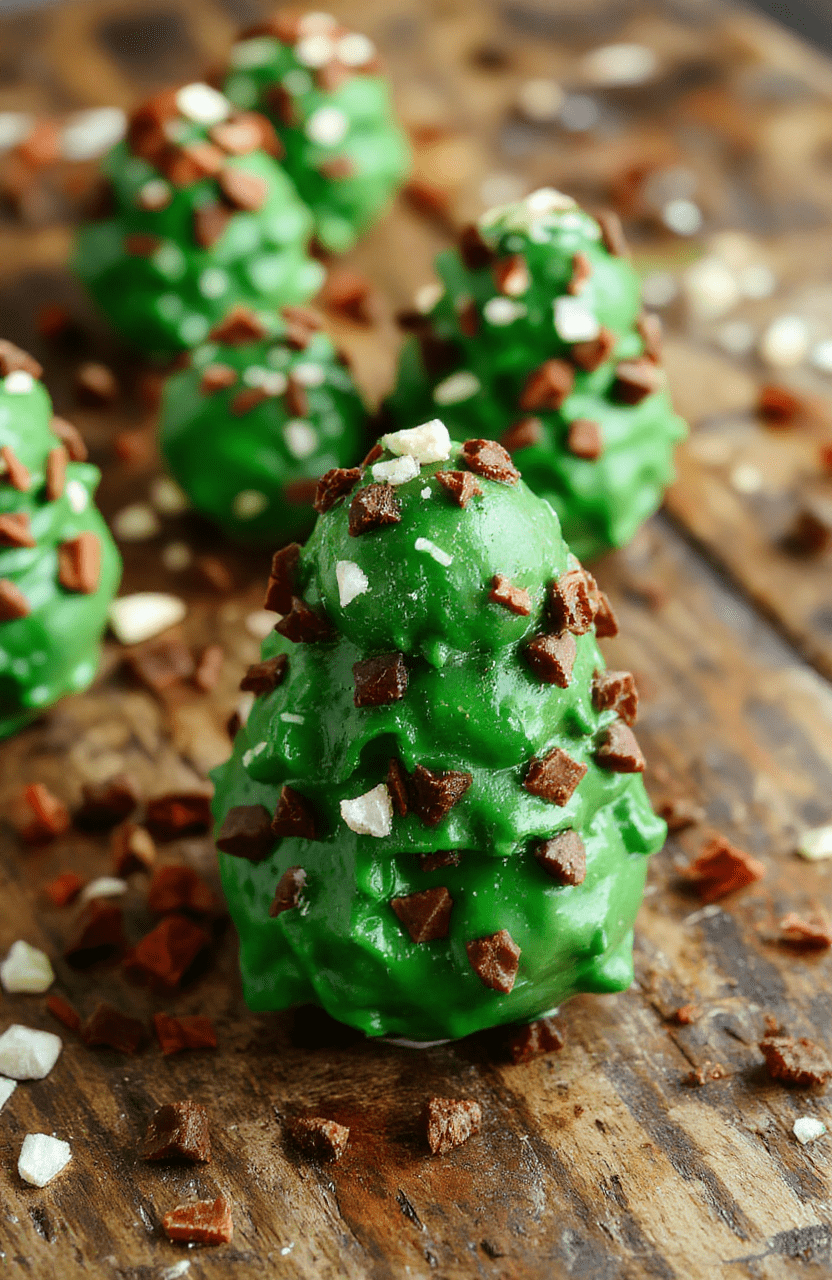 Colorful Christmas tree-shaped cake truffles arranged on a festive red plate, decorated with green coconut flakes to resemble tree foliage, dusted with edible glitter, surrounded by holiday-themed decorations, with a blurred Christmas background and soft lighting highlighting their textures.