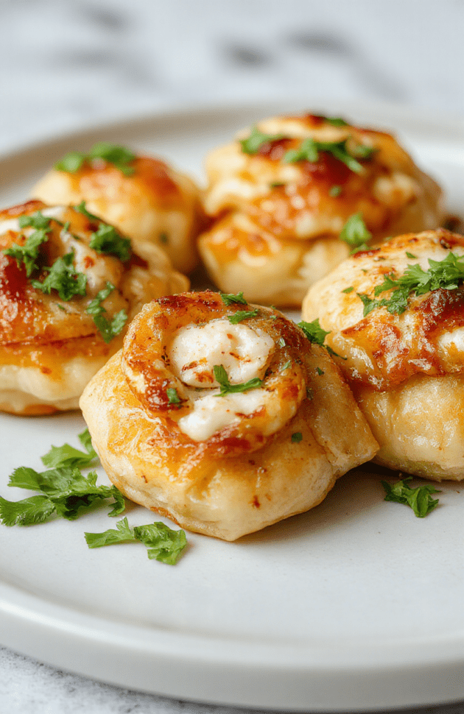 A vibrant plate of golden crab rangoons with crispy edges, filled with creamy crab mixture, arranged neatly on a white platter with green garnish, styled for an inviting appetizer shot.