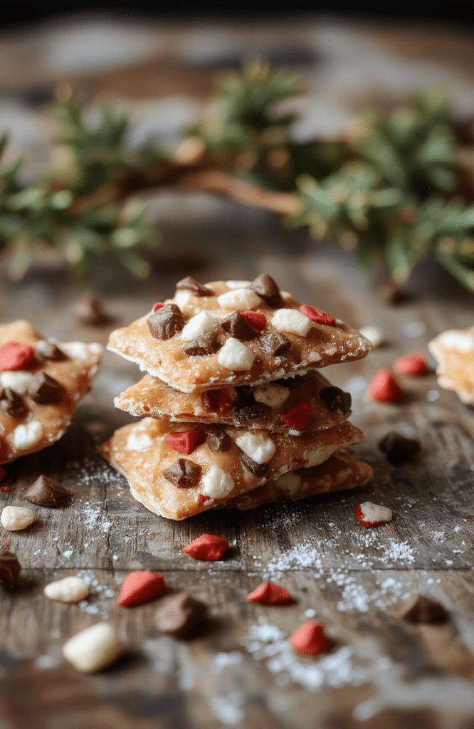 A close-up of golden-brown cracker toffee layered beautifully on a rustic white plate. The glossy caramel topping is sprinkled with chopped nuts and sea salt crystals, contrasting textures and colors. The background has a warm, festive holiday vibe with soft lighting highlighting the shiny, crisp edges of the toffee and the crunchy toppings. The scene is styled simply to emphasize the irresistible, homemade look of this sweet holiday treat.