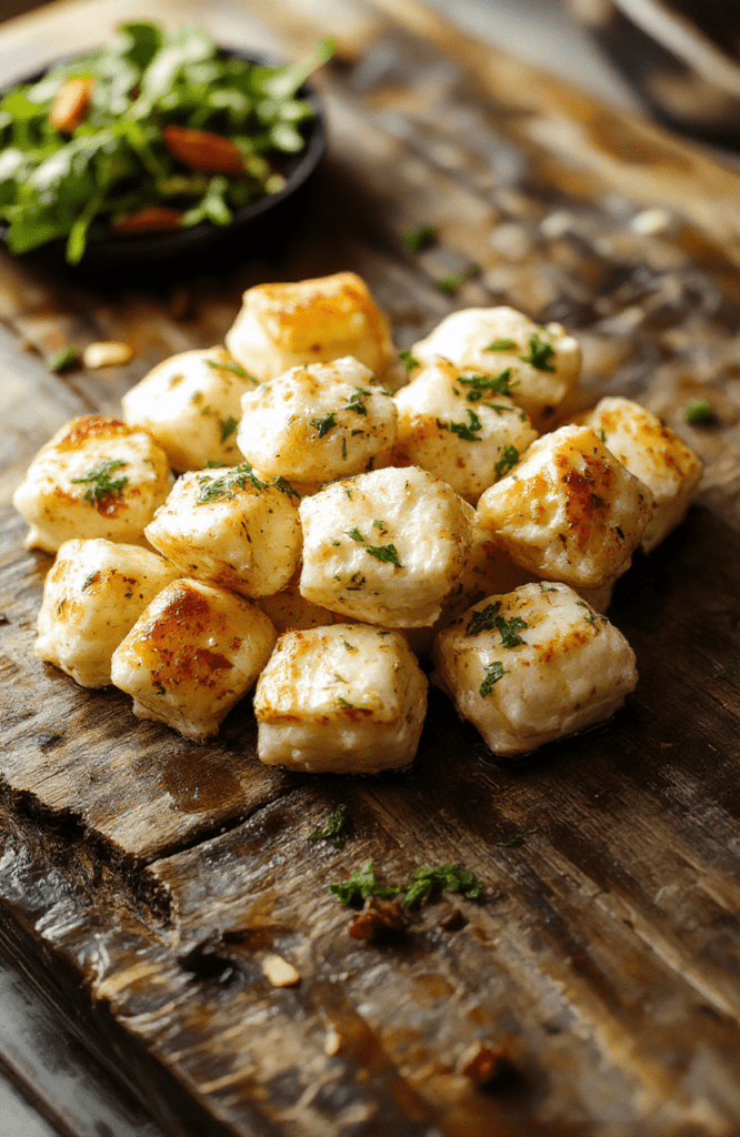 Golden-brown mozzarella bites arranged on a white plate with a bowl of marinara sauce, garnished with fresh basil, served on a rustic wooden table, with crispy textures and gooey cheese visible, styled simply for an inviting party snack presentation.