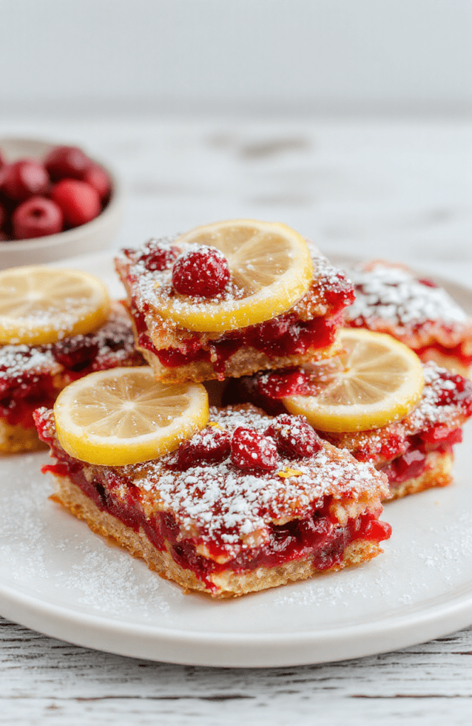 Colorful cranberry lemon bars arranged on a rustic white plate, topped with powdered sugar and fresh lemon slices, with vibrant red cranberries and bright yellow lemon zest visible, styled on a wooden surface, with a light background and soft natural lighting highlighting the glossy glaze and crispy crust textures.