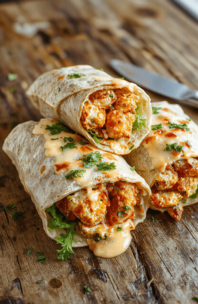 Colorful cheesy chicken wraps neatly arranged on a white plate, featuring crispy tortillas filled with melted cheese, shredded chicken, fresh greens, and vibrant tomatoes. May include a side of dipping sauce, styled casually on a wooden surface with a rustic feel, highlighting textures and rich colors.