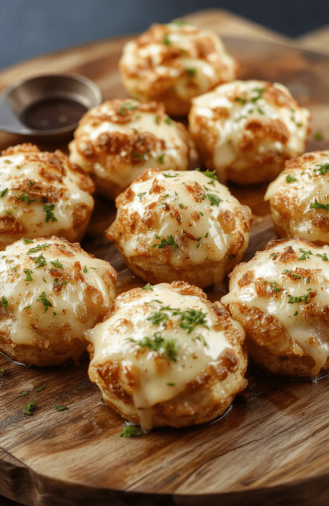 A close-up of golden baked cheesy garlic parmesan bombs on a rustic wooden platter, with melted cheese oozing out, garnished with chopped parsley, and arranged neatly for a cozy dinner.