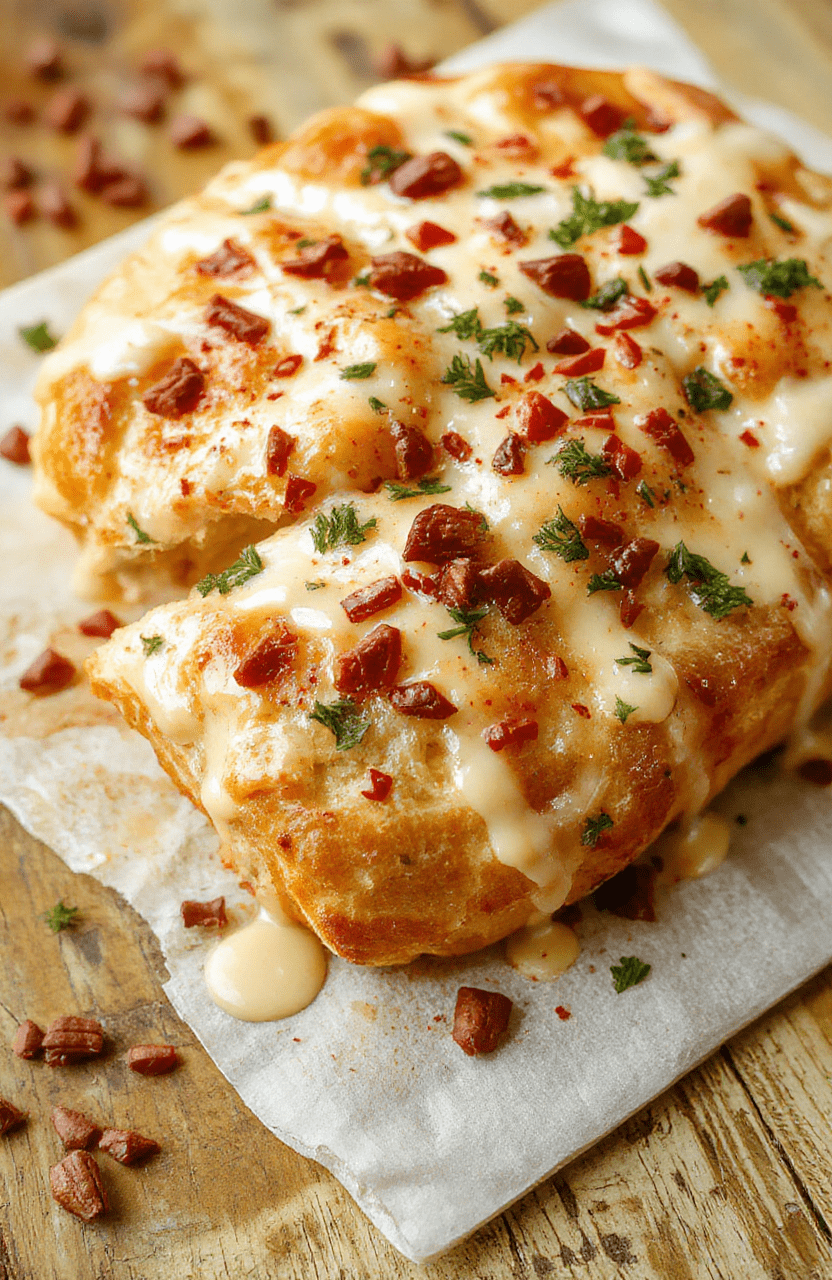 A vibrant, golden-brown Christmas bread adorned with melted cheese and fresh herbs, sliced to reveal its gooey interior, styled on a rustic wooden platter with holiday decorations blurred in the background.