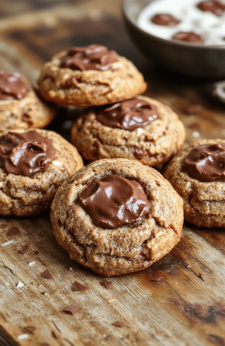 A close-up of chewy chocolate thumbprint cookies with glossy chocolate filling, arranged on a rustic wooden platter with a few powdered sugar dusted around, warm brown tones, and a soft blurred background