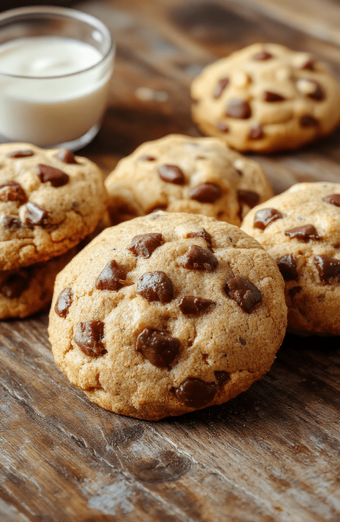 A close-up of savory cowboy cookies with golden edges, textured chewy centers, piled neatly on a rustic wooden plate, with chocolate chips and oats visible, styled with a sprinkle of sea salt and a small glass of milk in the background, set on a cozy kitchen countertop.