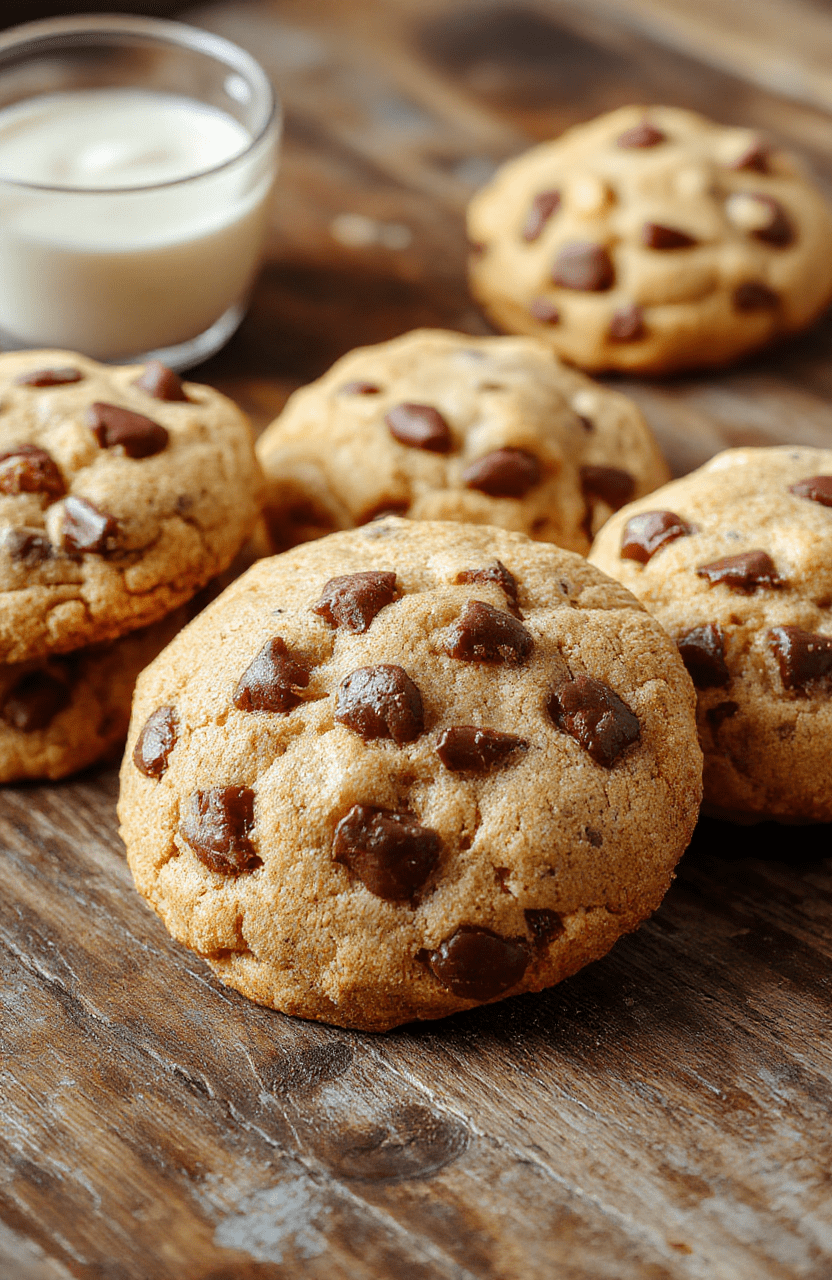 A close-up of savory cowboy cookies with golden edges, textured chewy centers, piled neatly on a rustic wooden plate, with chocolate chips and oats visible, styled with a sprinkle of sea salt and a small glass of milk in the background, set on a cozy kitchen countertop.