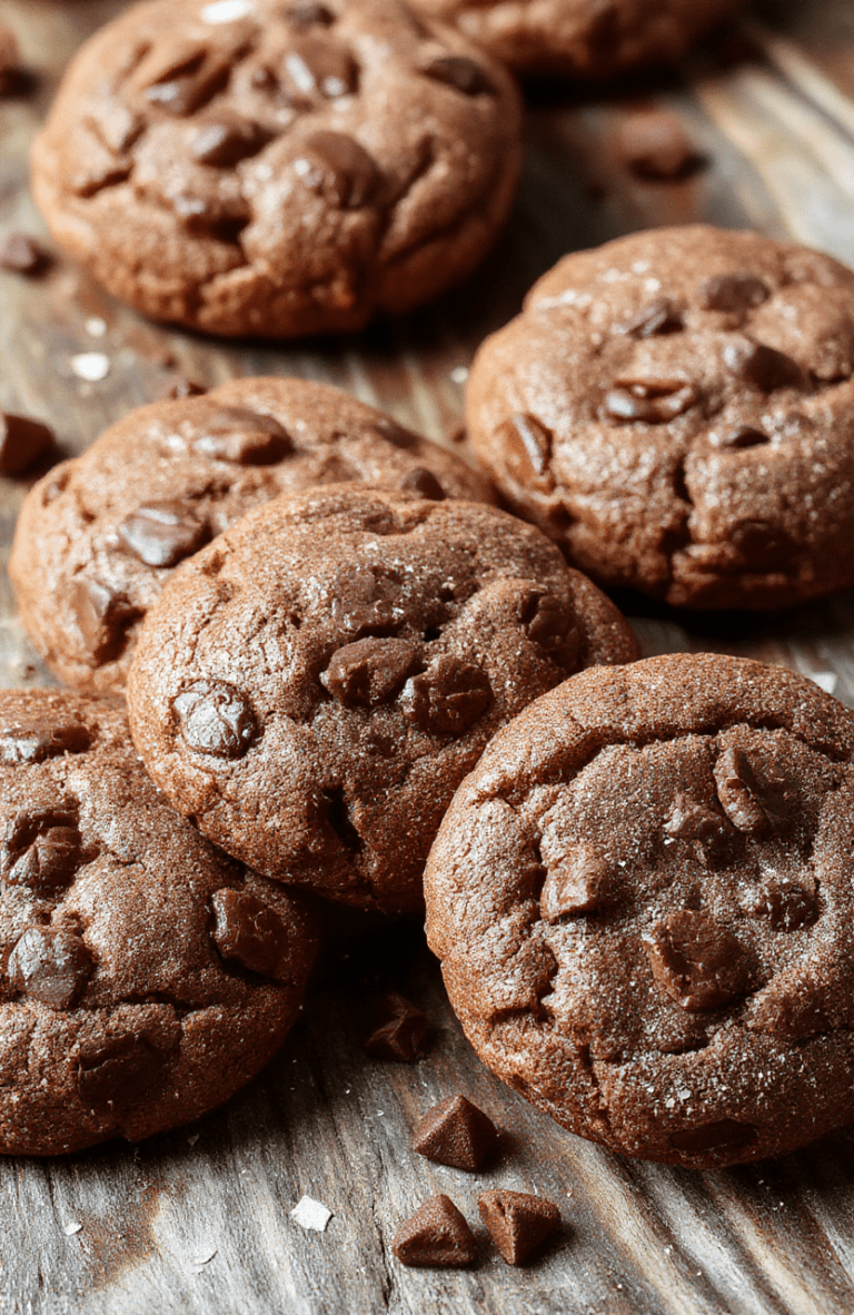 A close-up of chewy hot chocolate cookies with a cracked top, dusted with powdered sugar, stacked on a rustic wooden plate, with melted chocolate chunks visible, surrounded by cocoa powder and mini marshmallows, styled with cozy winter elements, warm lighting emphasizing gooey textures and rich chocolate tones.