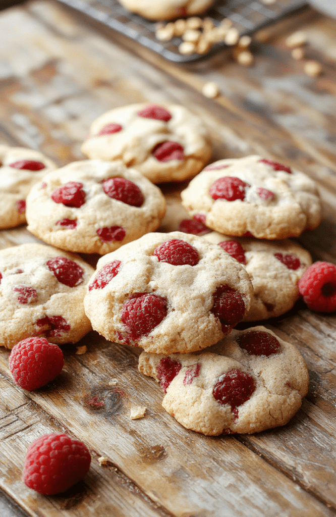 Colorful raspberry cookies with cracked tops and chewy texture arranged on a rustic wooden platter, surrounded by fresh raspberries and mint leaves, with a soft, natural light highlighting their vibrant red hue and glossy glaze, styled casually for a cozy home-baking vibe.