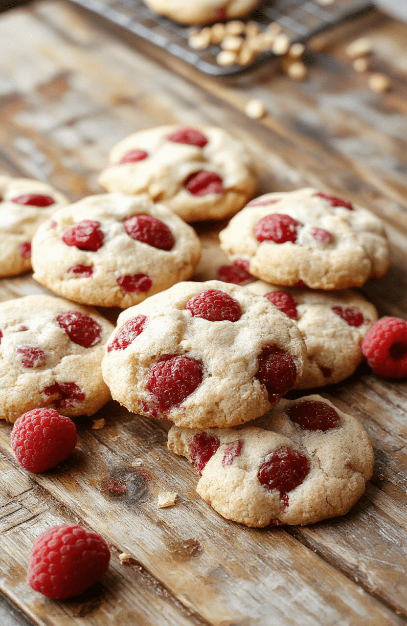 Colorful raspberry cookies with cracked tops and chewy texture arranged on a rustic wooden platter, surrounded by fresh raspberries and mint leaves, with a soft, natural light highlighting their vibrant red hue and glossy glaze, styled casually for a cozy home-baking vibe.