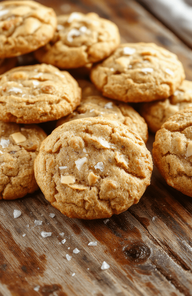 Golden brown chewy butterscotch cookies sprinkled with flaky sea salt, arranged on a rustic wooden platter. The cookies showcase a glossy butterscotch swirl, crispy edges with soft centers, and a sprinkle of sea salt adding texture and flavor contrast. The warm lighting emphasizes the rich caramel color and inviting texture.