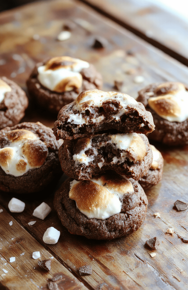 Golden-brown s'mores cookies topped with toasted marshmallows and melting chocolate, arranged on a rustic wooden platter, with crispy edges and gooey centers, surrounded by graham crackers and marshmallows, styled for a cozy picnic vibe.