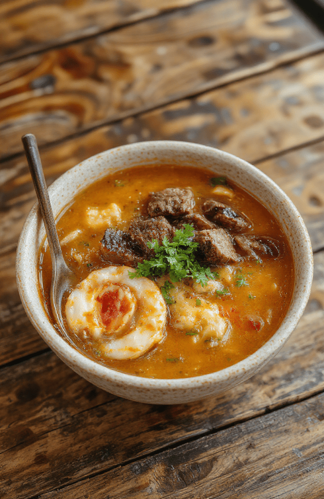 A steaming bowl of beef ramen noodles featuring tender slices of beef, soft boiled eggs, vibrant green scallions, and rich broth all beautifully arranged on a rustic wooden table with a neutral background and natural daylight.
