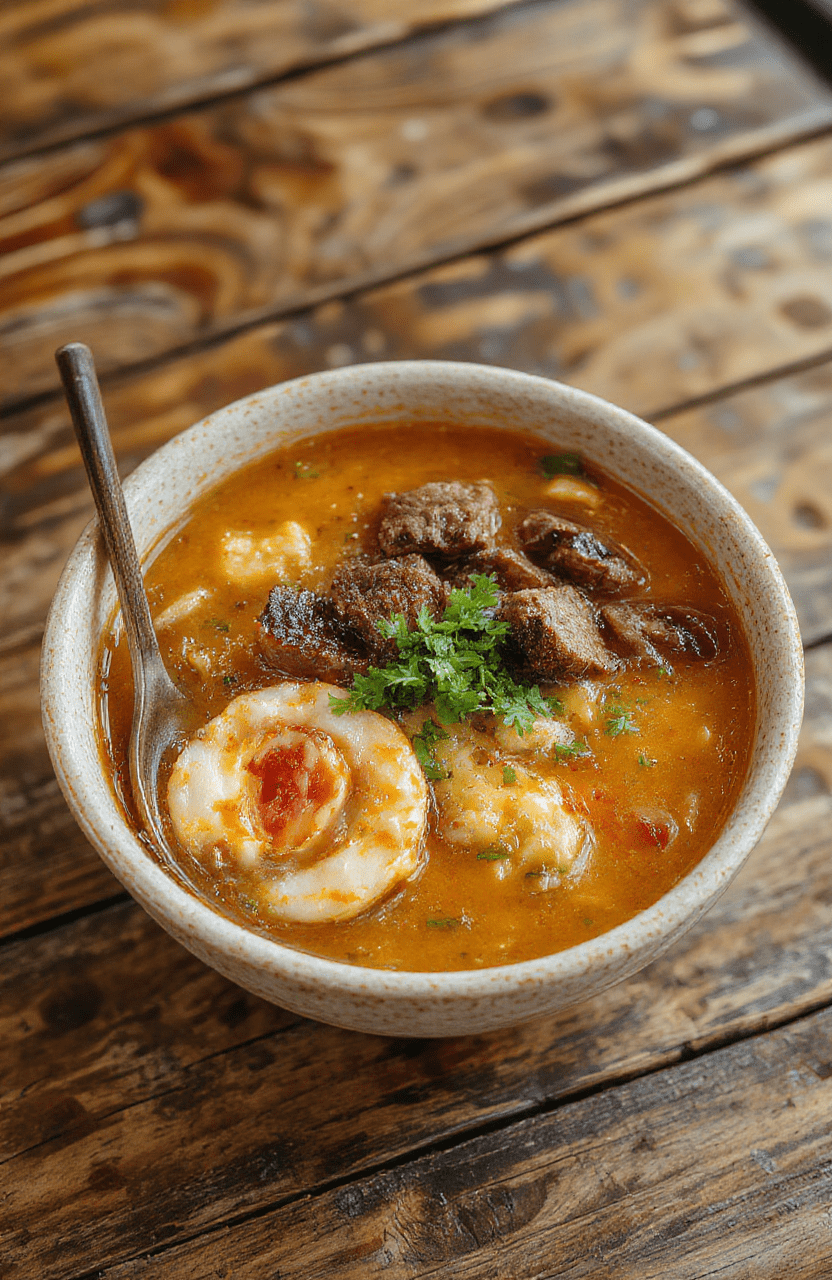 A steaming bowl of beef ramen noodles featuring tender slices of beef, soft boiled eggs, vibrant green scallions, and rich broth all beautifully arranged on a rustic wooden table with a neutral background and natural daylight.