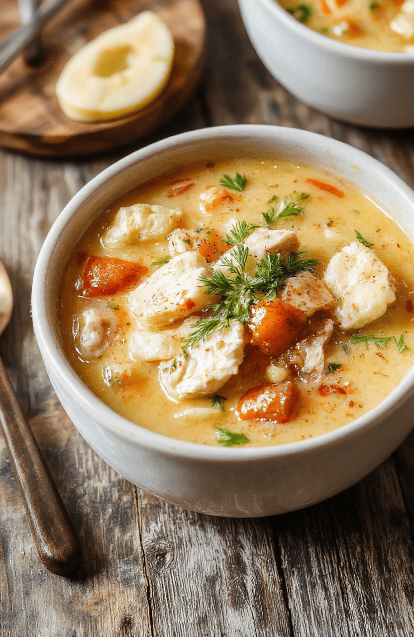 A warm bowl of chicken noodle soup with tender shredded chicken, vibrant carrots, celery, and egg noodles in a clear broth, garnished with fresh parsley on a rustic wooden table, sunny natural light highlighting the colorful ingredients and steaming steam rising from the bowl.